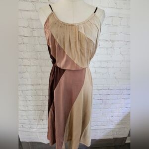 Bebe Vintage Silk Dress w/ Keyhole Back | Tan & Brown | XS